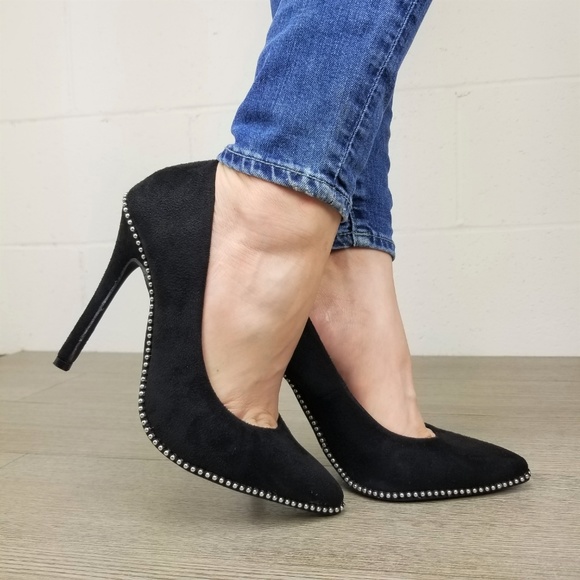 Black vegan Suede High Heel Pumps With Studs -gg - Picture 2 of 8